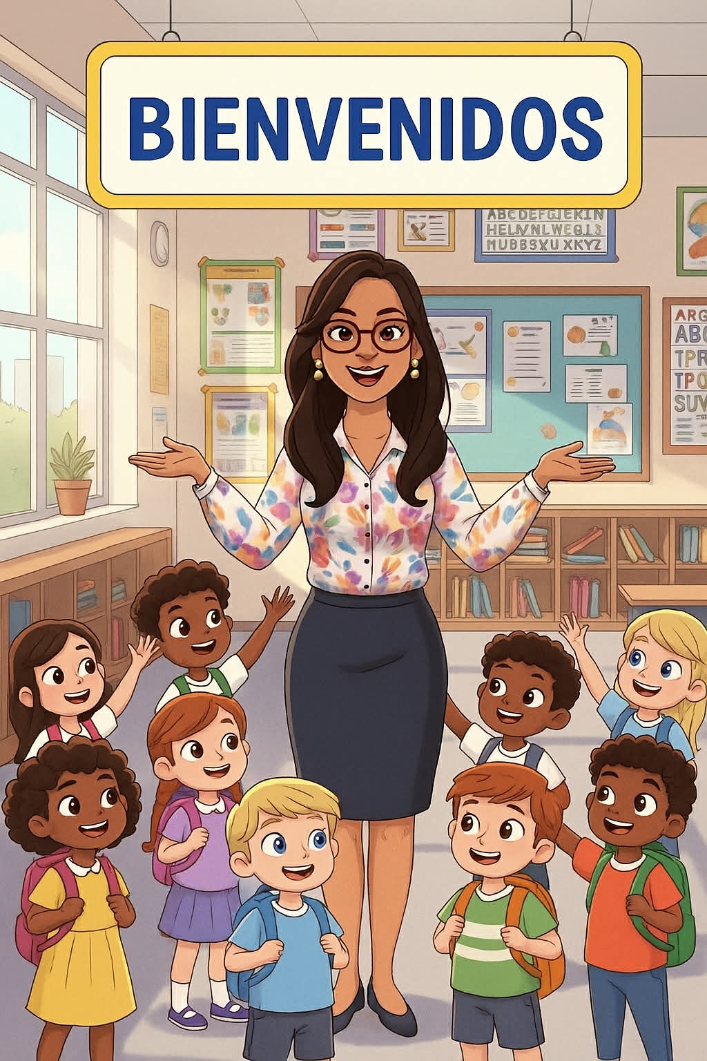 Maestra dando la Bienvenida al aula.